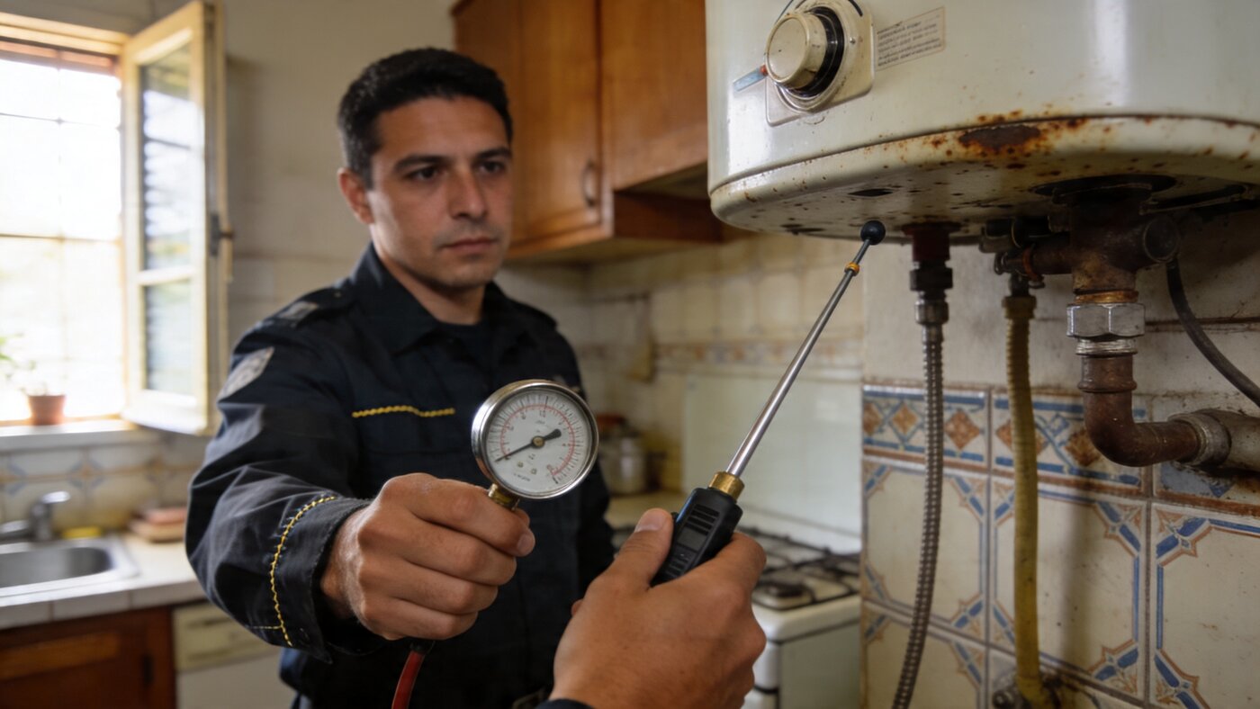 Gasista matriculado revisando instalación de calefón en hogar argentino — revisión profesional antes del invierno