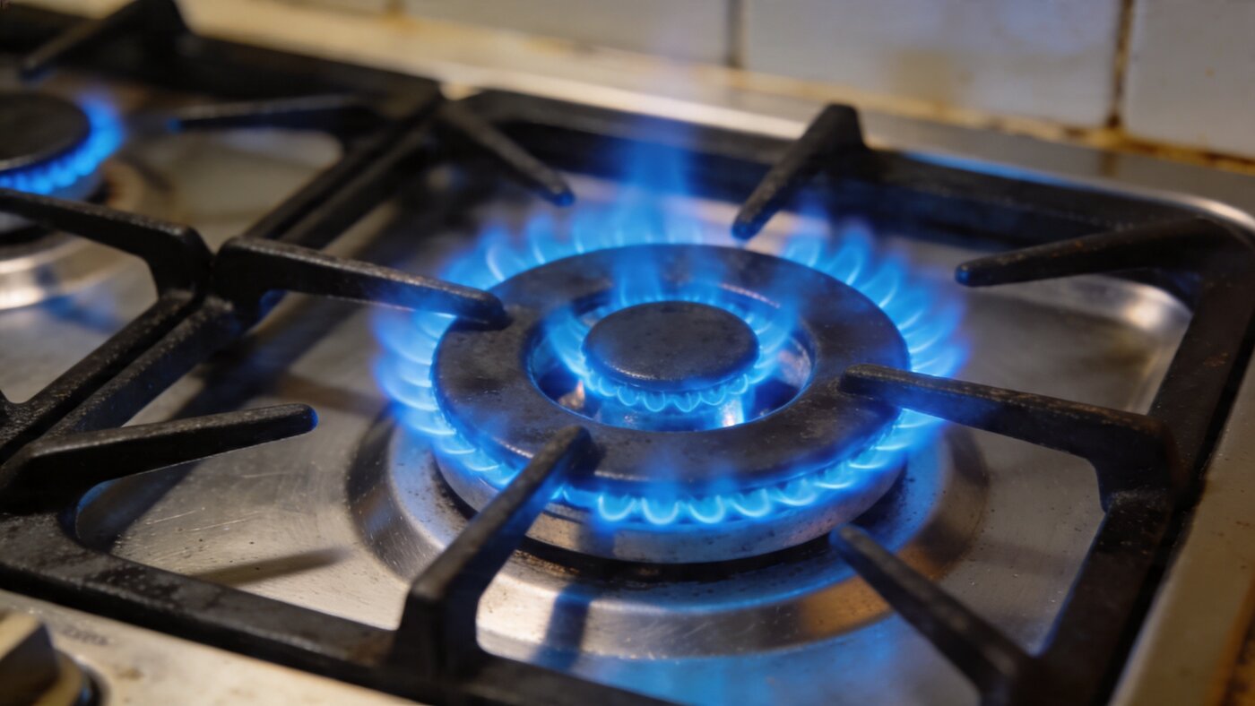 Llama azul en hornalla de gas natural — señal de combustión correcta y segura